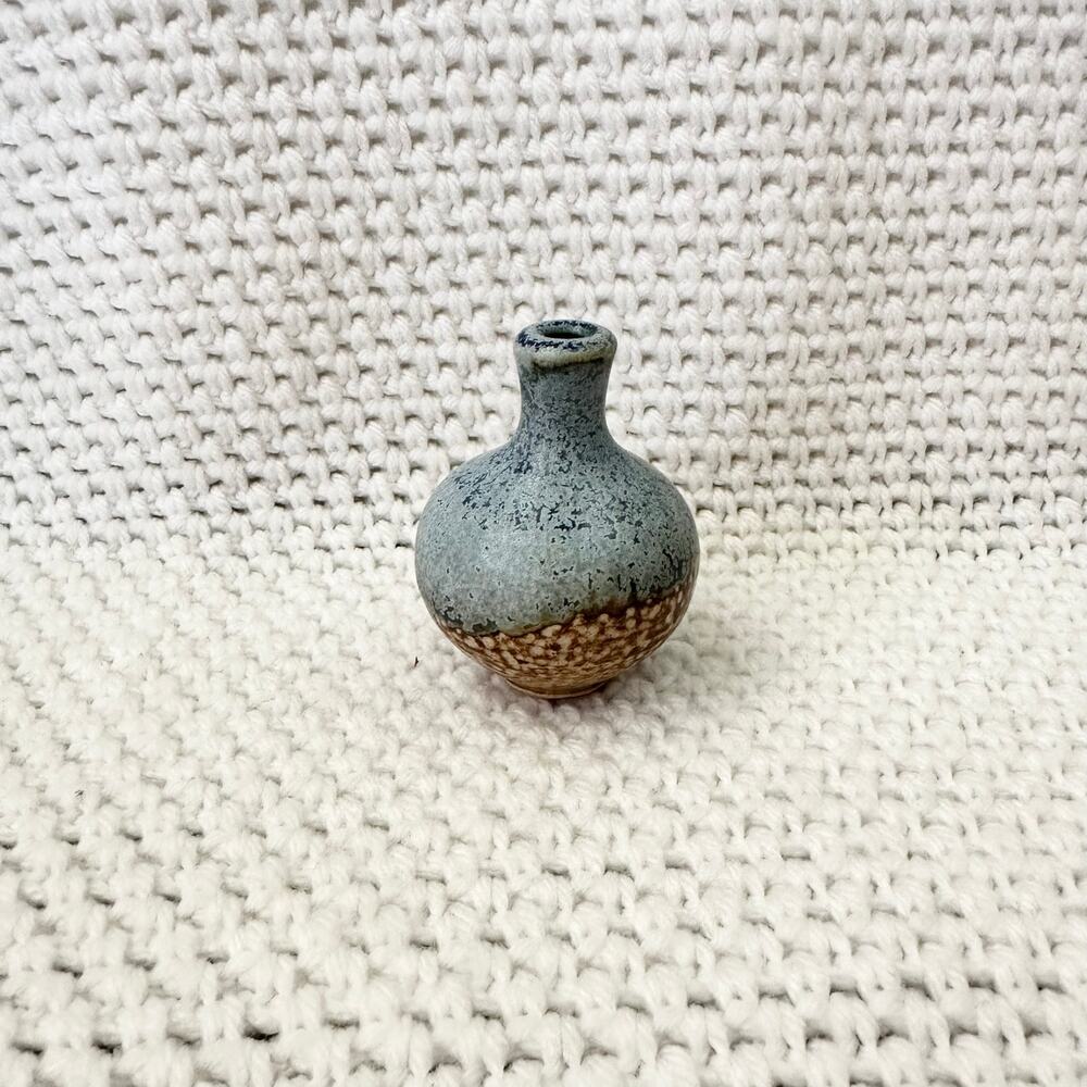 GV Signed Initials Blue Brown Drip Miniature 3" Bud Ceramic Vase Speckled Design